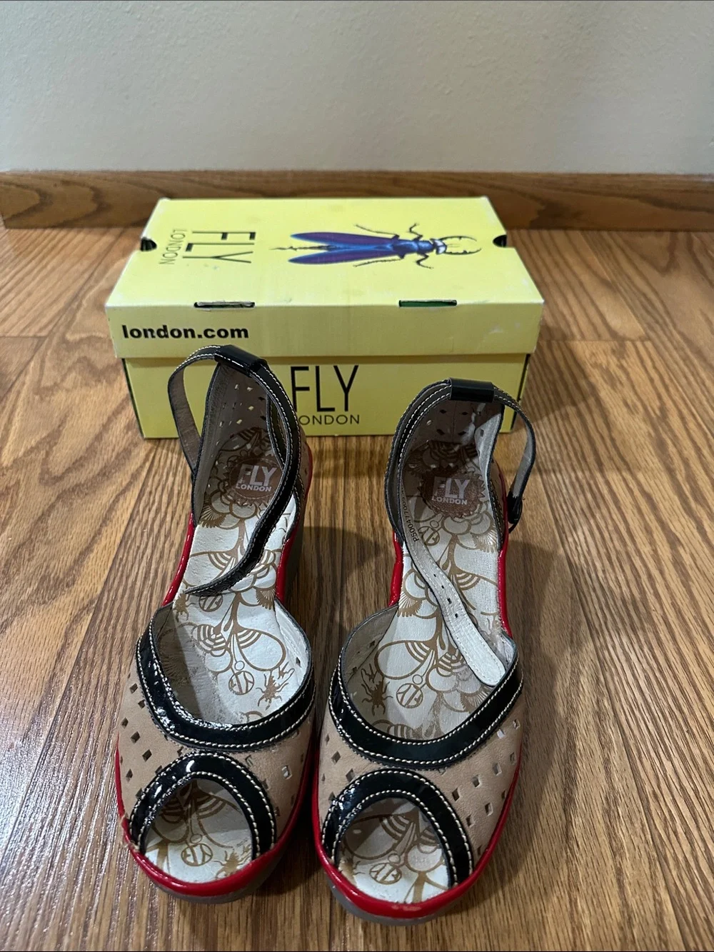 Fly London Beige, Black and Red Peep-Toe Wedge Sandals